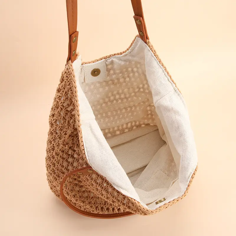 Women Handmade Woven Tote Bag Large Capacity Beige