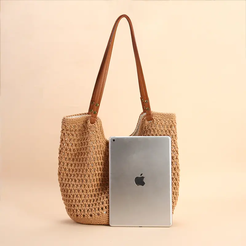 Women Handmade Woven Tote Bag Large Capacity Beige