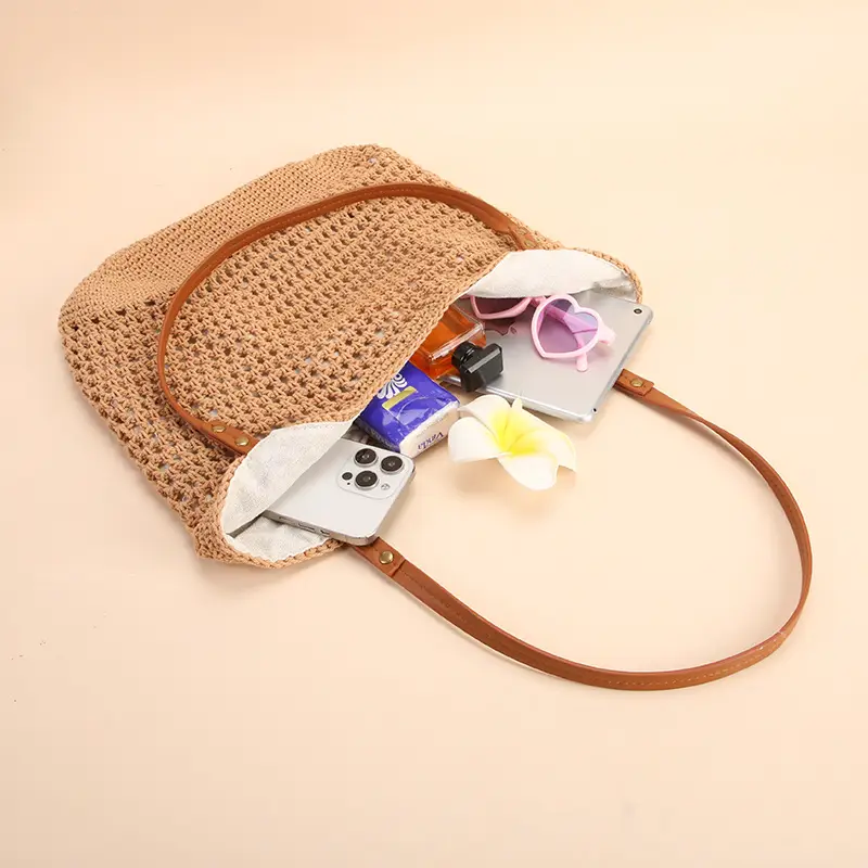 Women Handmade Woven Tote Bag Large Capacity Beige