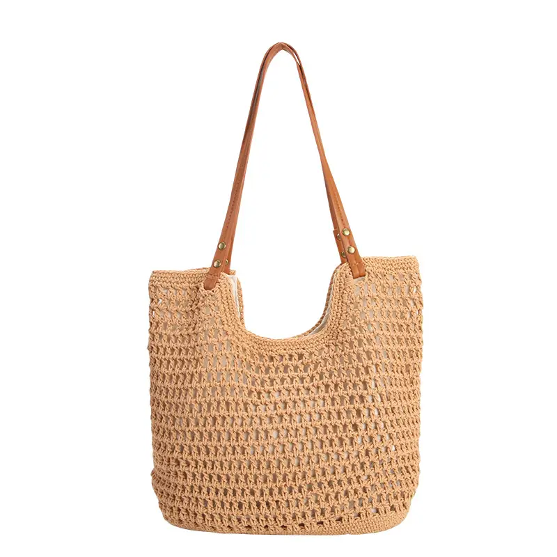 Women Handmade Woven Tote Bag Large Capacity Beige