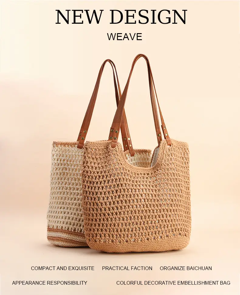 Women Handmade Woven Tote Bag Large Capacity Beige — feature 1