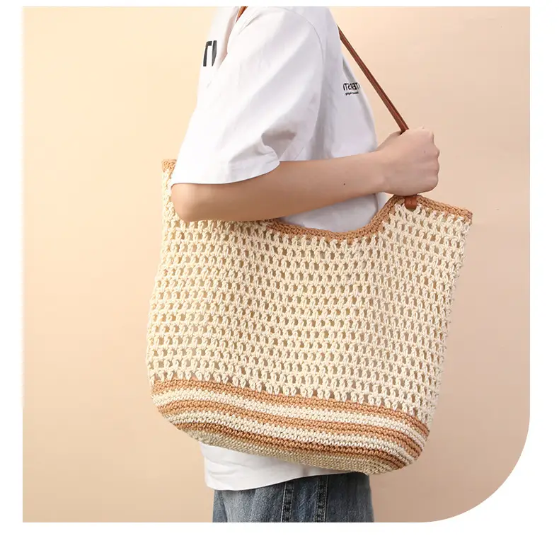 Women Handmade Woven Tote Bag Large Capacity Beige — feature 12