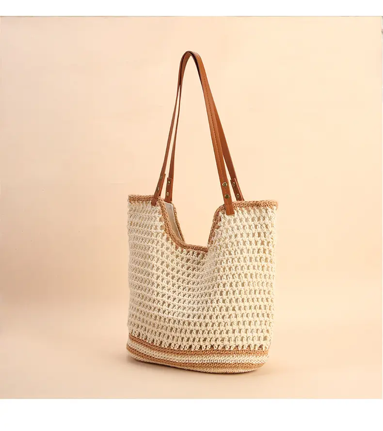 Women Handmade Woven Tote Bag Large Capacity Beige — feature 19