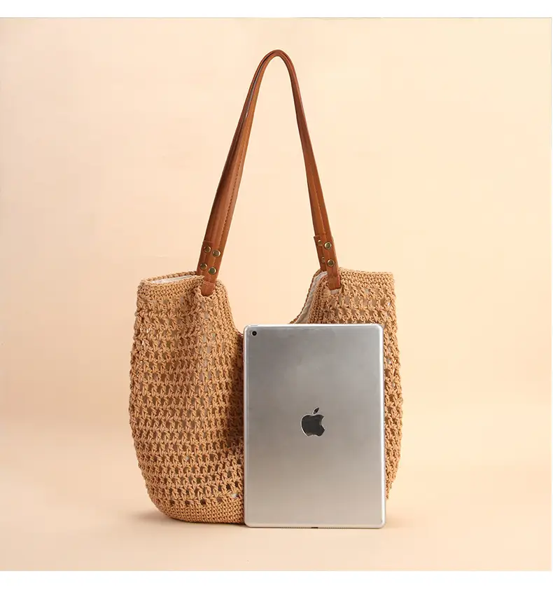 Women Handmade Woven Tote Bag Large Capacity Beige — feature 3
