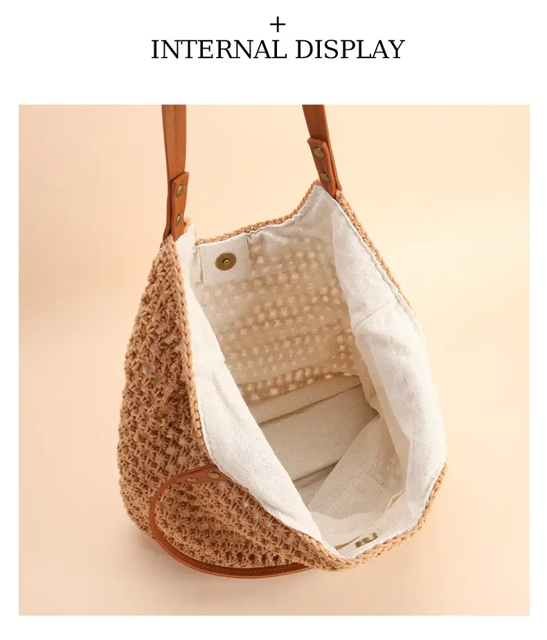 Women Handmade Woven Tote Bag Large Capacity Beige — feature 4