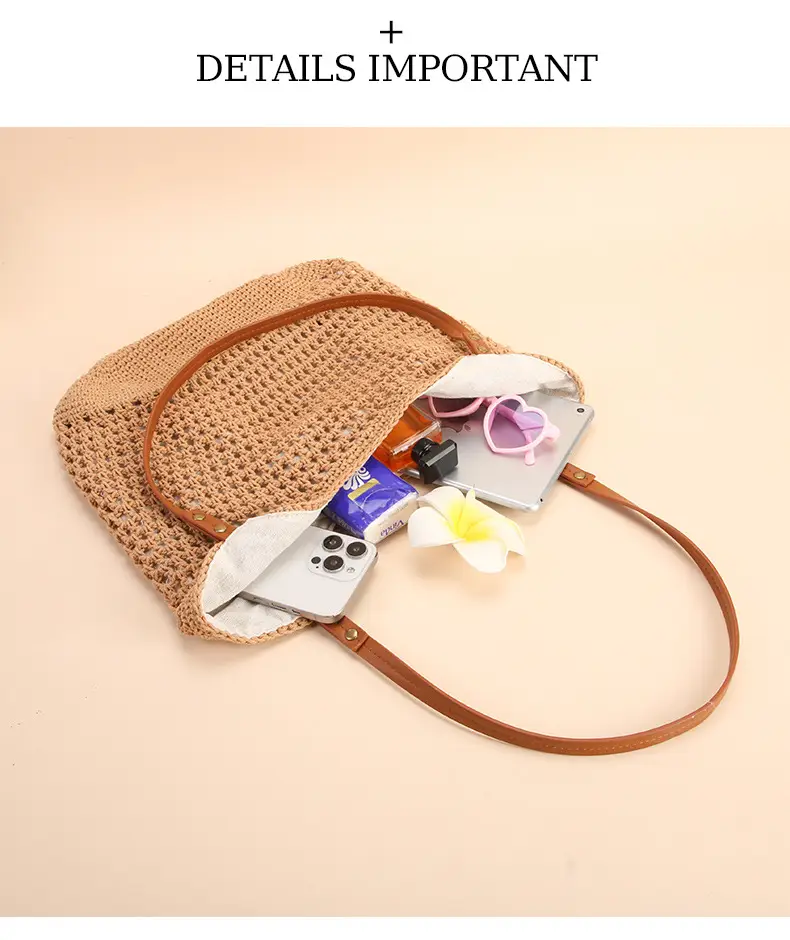 Women Handmade Woven Tote Bag Large Capacity Beige — feature 5