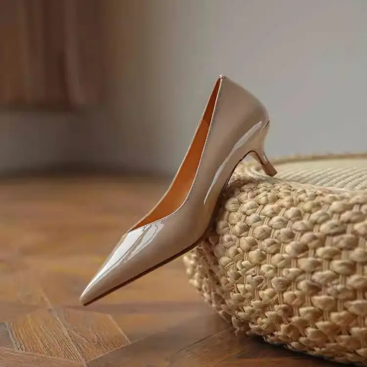 Nude Patent Leather Women's Heels Spring Autumn - Image 3