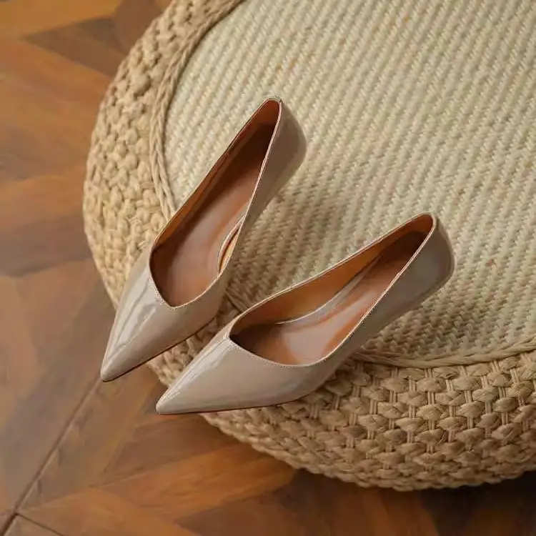 Nude Patent Leather Women's Heels Spring Autumn - Image 4