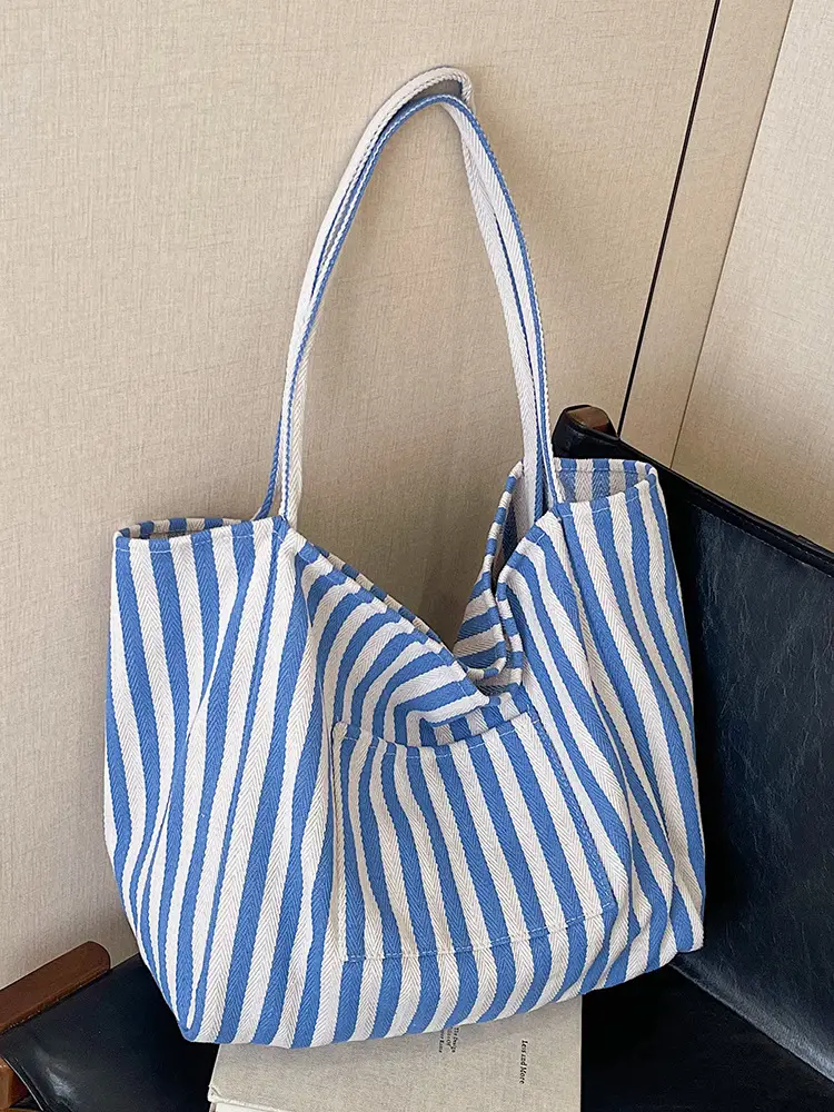 Blue Striped Lazy Style Large Capacity Tote Bag - Image 8