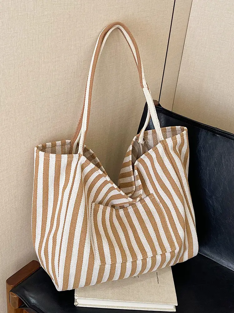 Blue Striped Lazy Style Large Capacity Tote Bag - Image 9