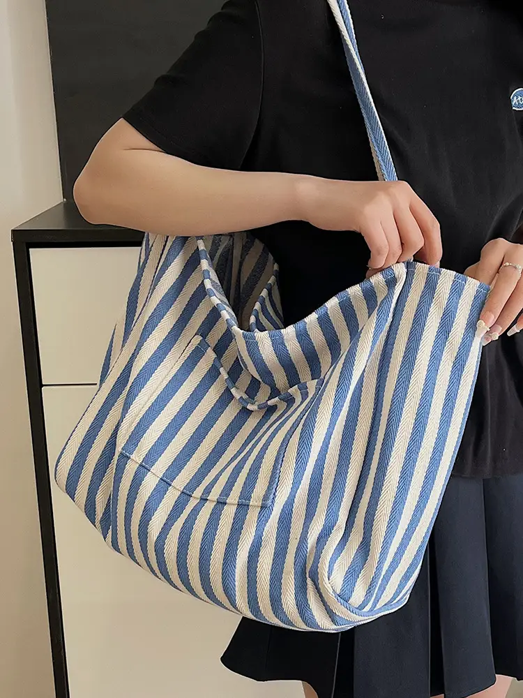 Blue Striped Lazy Style Large Capacity Tote Bag - Image 10