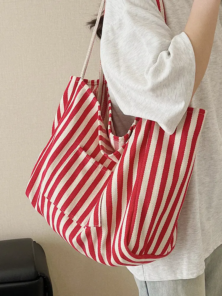 Blue Striped Lazy Style Large Capacity Tote Bag - Image 11