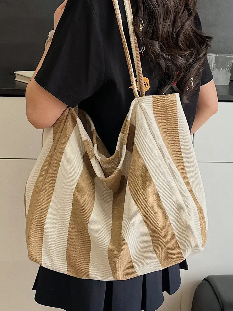 Blue Striped Lazy Style Large Capacity Tote Bag - Image 12