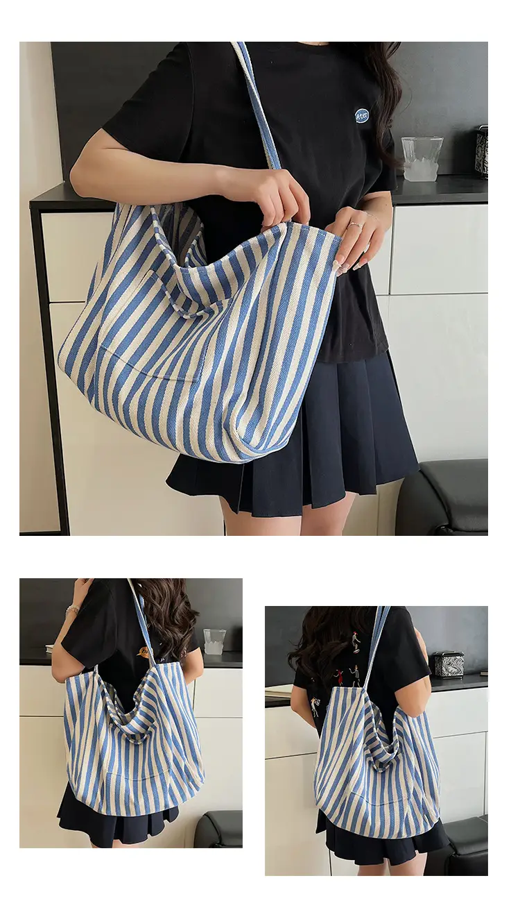 Blue Striped Lazy Style Large Capacity Tote Bag — feature 14