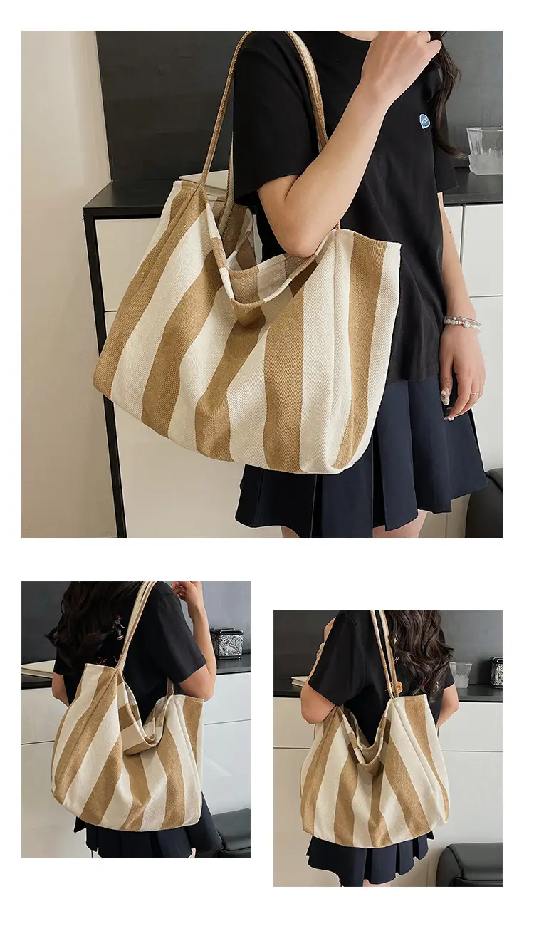 Blue Striped Lazy Style Large Capacity Tote Bag — feature 16