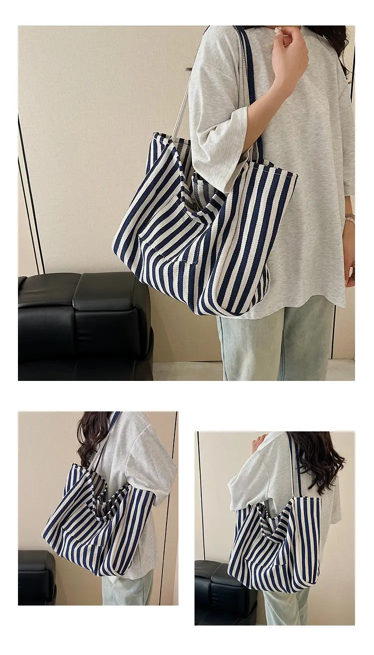 Blue Striped Lazy Style Large Capacity Tote Bag — feature 17