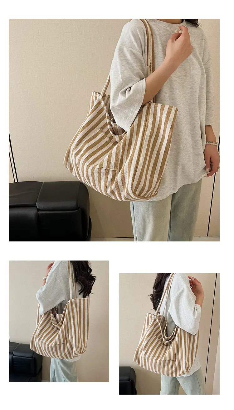 Blue Striped Lazy Style Large Capacity Tote Bag — feature 20