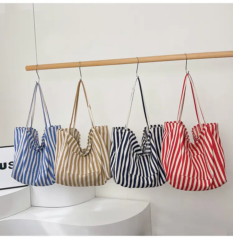 Blue Striped Lazy Style Large Capacity Tote Bag — feature 21