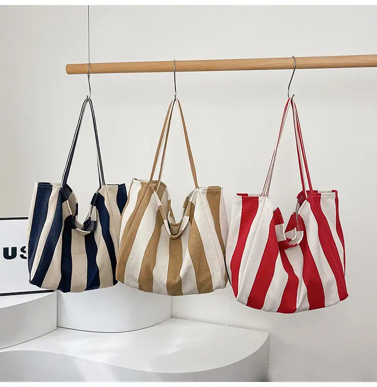 Blue Striped Lazy Style Large Capacity Tote Bag — feature 22