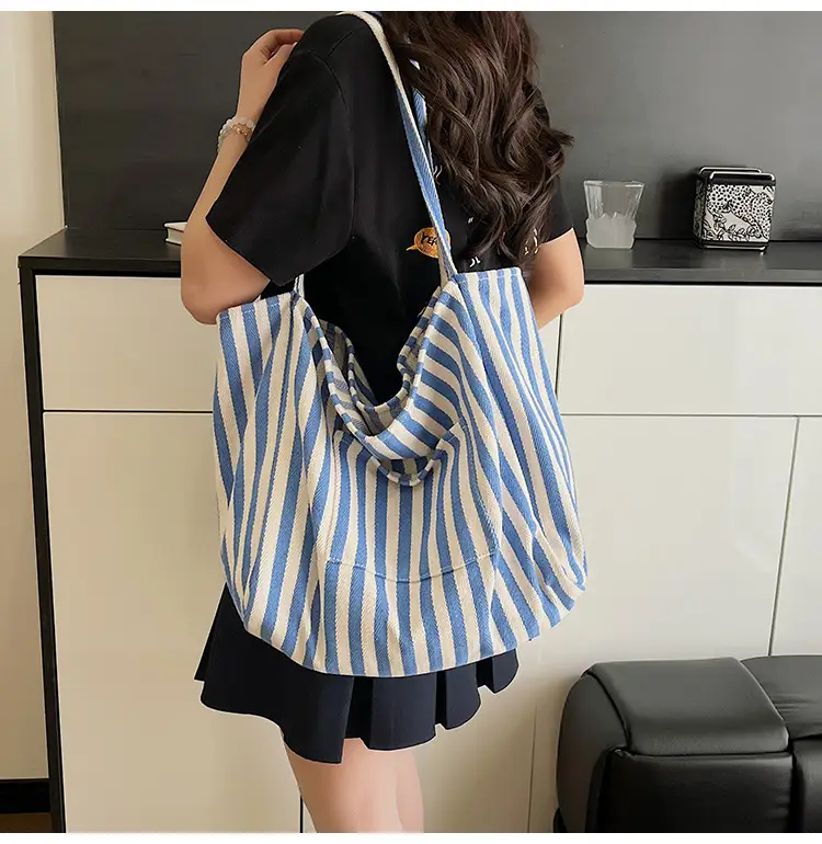 Blue Striped Lazy Style Large Capacity Tote Bag — feature 23