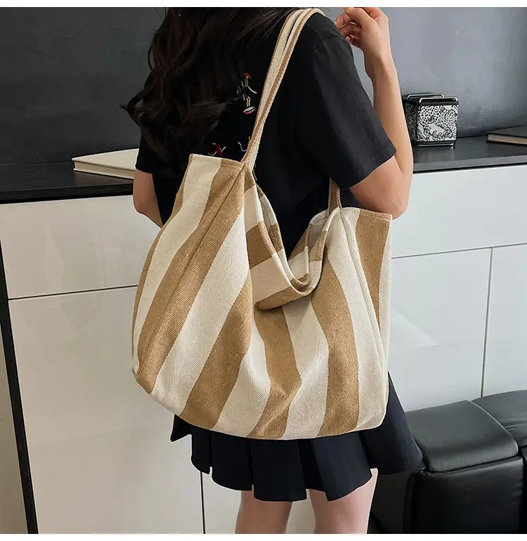 Blue Striped Lazy Style Large Capacity Tote Bag — feature 25