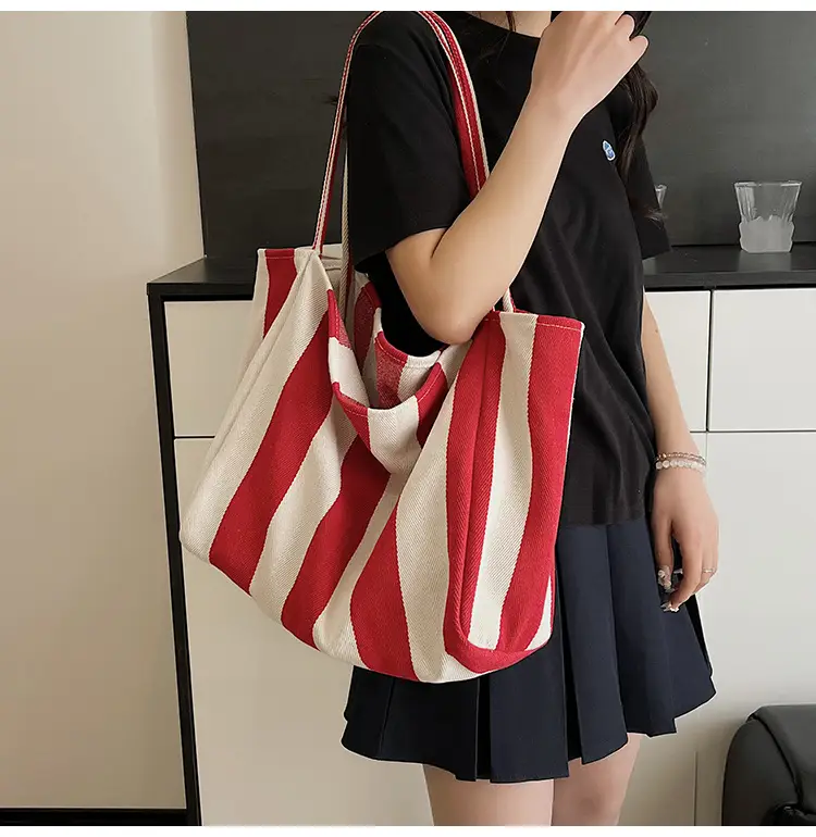Blue Striped Lazy Style Large Capacity Tote Bag — feature 27