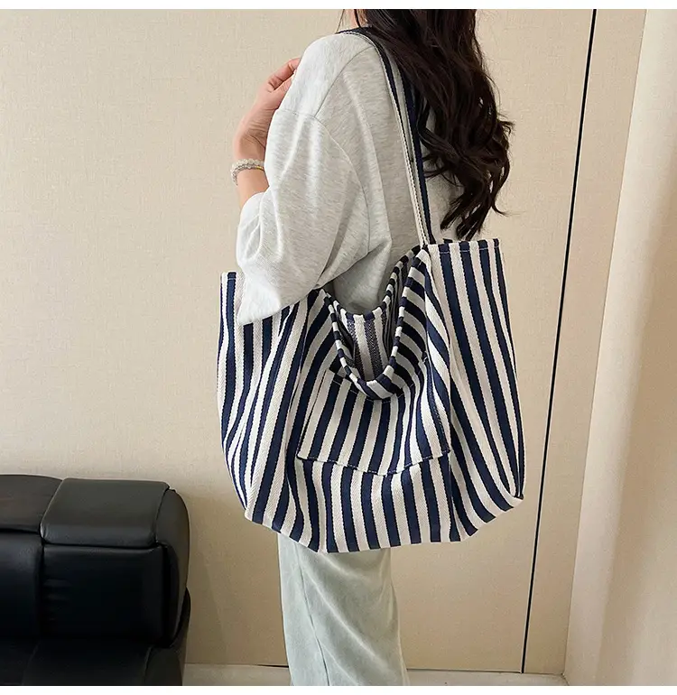 Blue Striped Lazy Style Large Capacity Tote Bag — feature 29