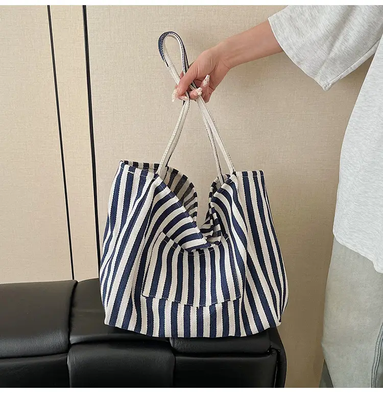 Blue Striped Lazy Style Large Capacity Tote Bag — feature 30