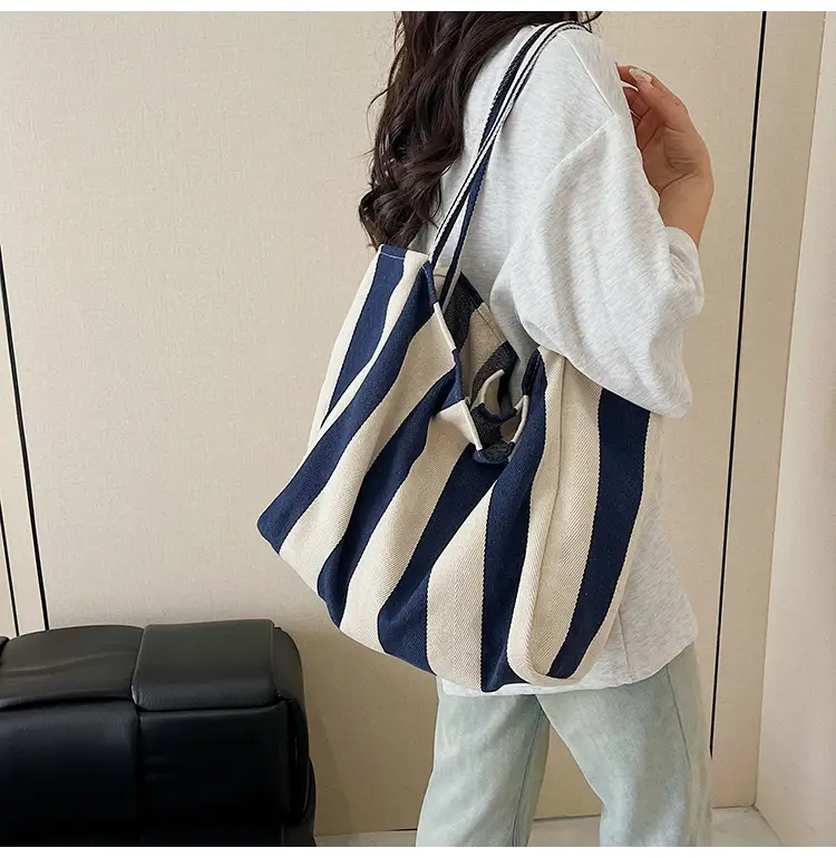 Blue Striped Lazy Style Large Capacity Tote Bag — feature 33