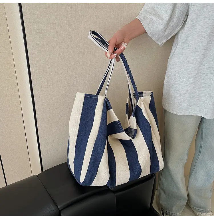 Blue Striped Lazy Style Large Capacity Tote Bag — feature 34