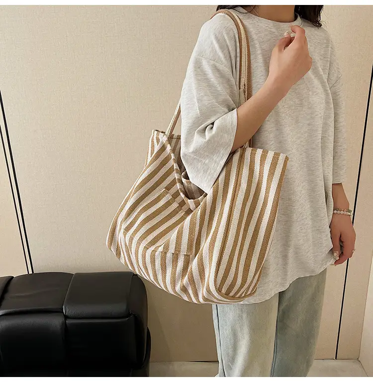 Blue Striped Lazy Style Large Capacity Tote Bag — feature 35