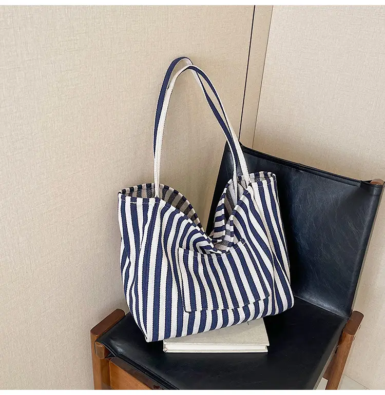 Blue Striped Lazy Style Large Capacity Tote Bag — feature 37