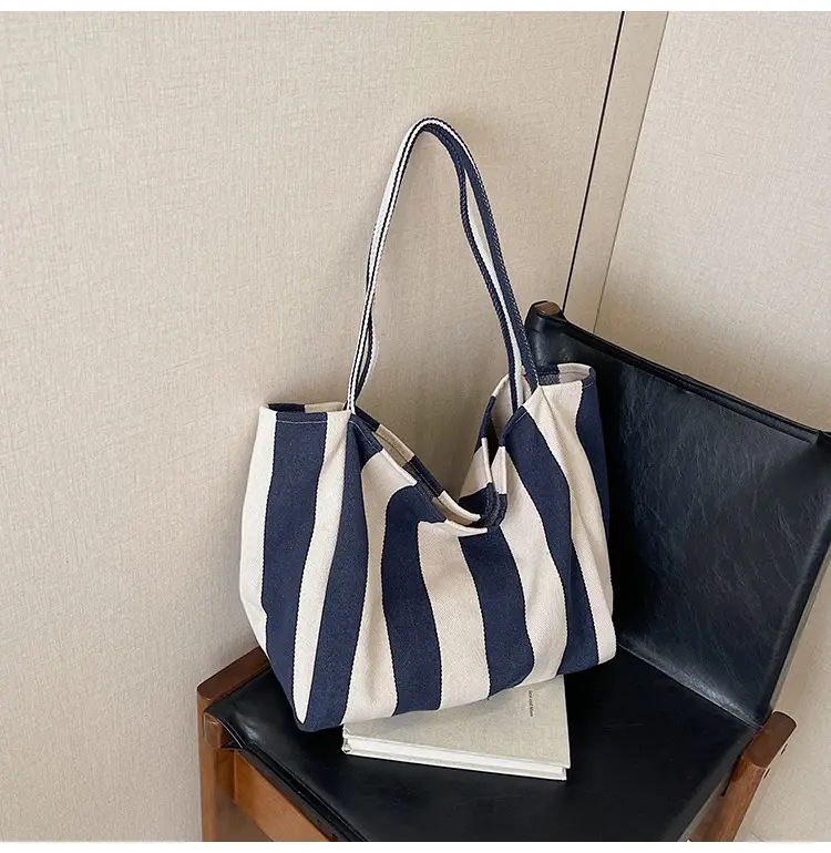 Blue Striped Lazy Style Large Capacity Tote Bag — feature 39