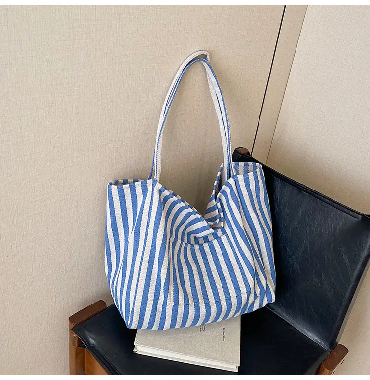 Blue Striped Lazy Style Large Capacity Tote Bag — feature 41