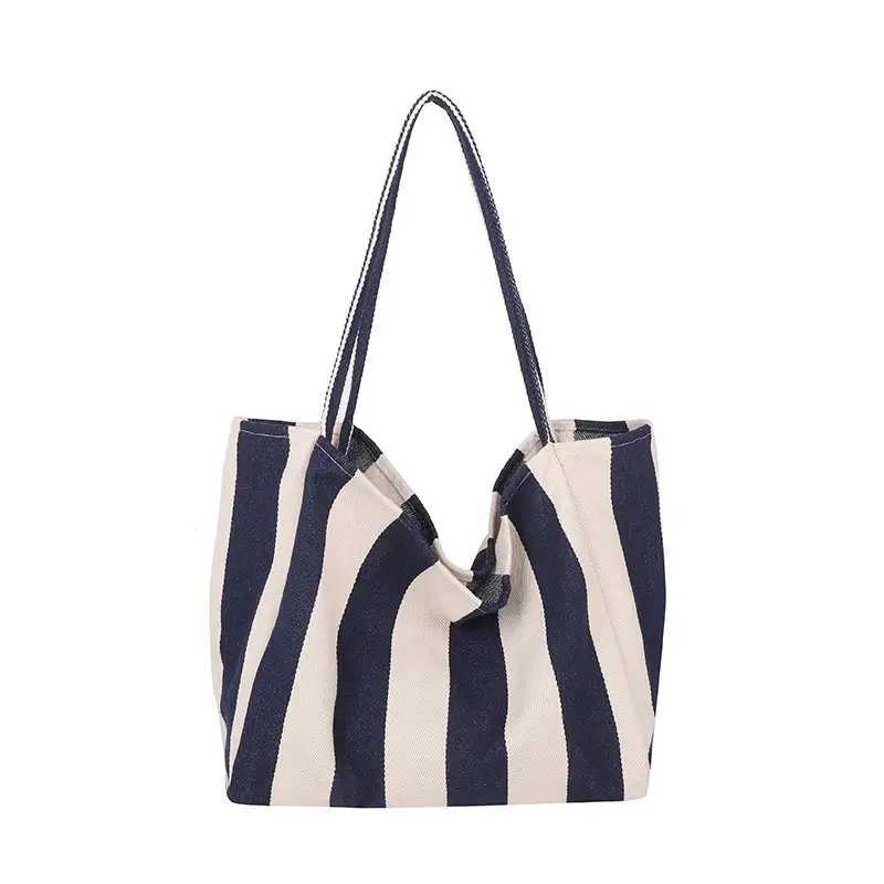 Blue Striped Lazy Style Large Capacity Tote Bag - Image 3