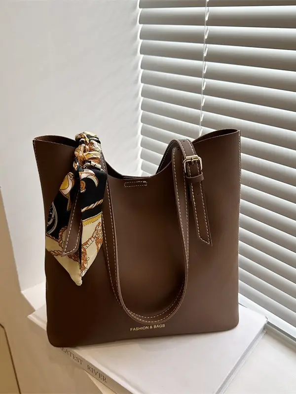 Women's Brown Leather Tote Bag with Silk Headband - Image 5