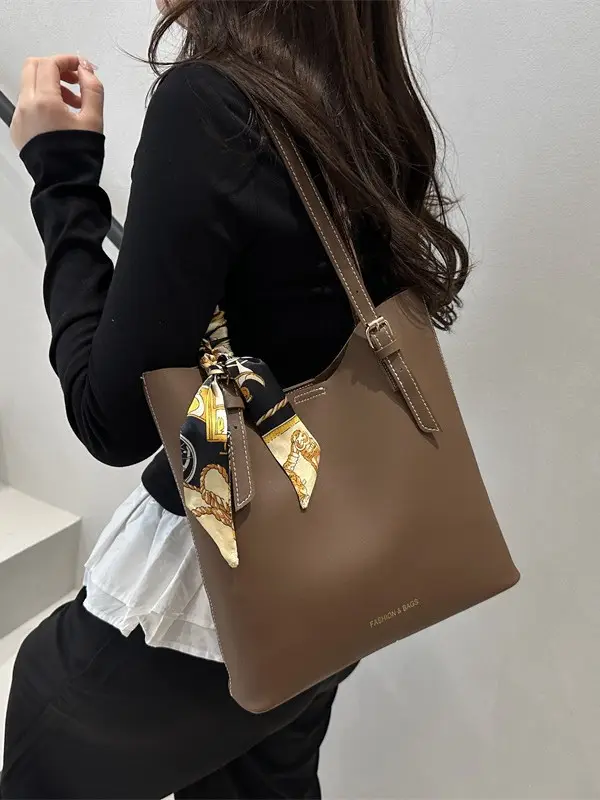 Women's Brown Leather Tote Bag with Silk Headband - Image 6