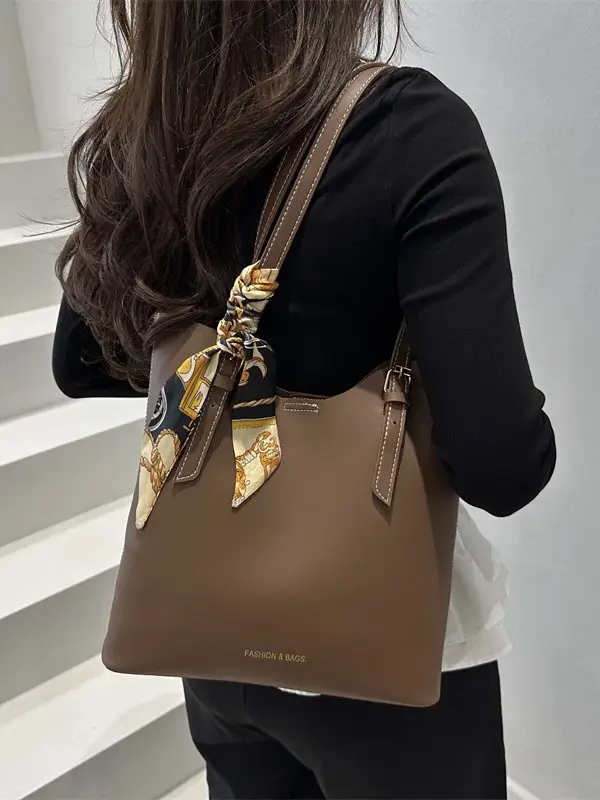 Women's Brown Leather Tote Bag with Silk Headband - Image 7