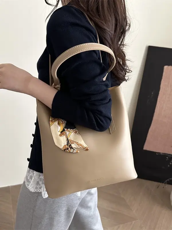 Women's Brown Leather Tote Bag with Silk Headband - Image 8