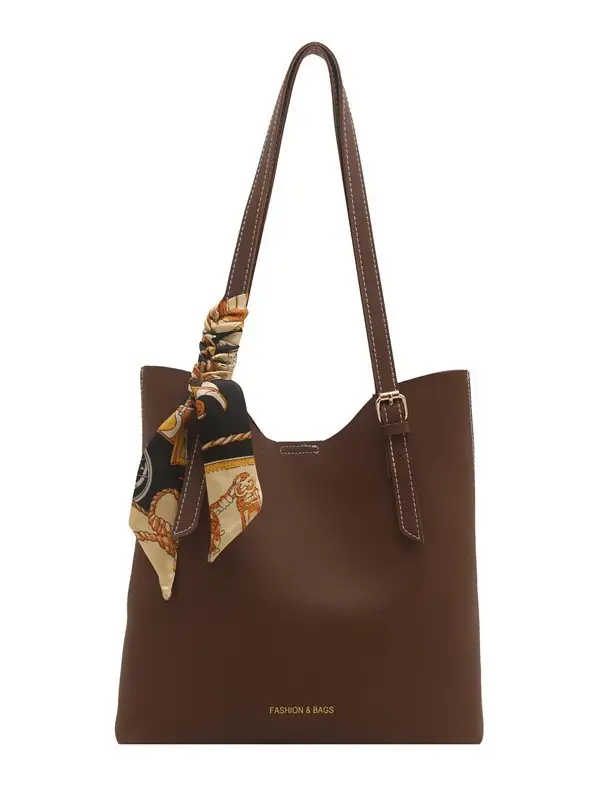 Women's Brown Leather Tote Bag with Silk Headband - Image 9