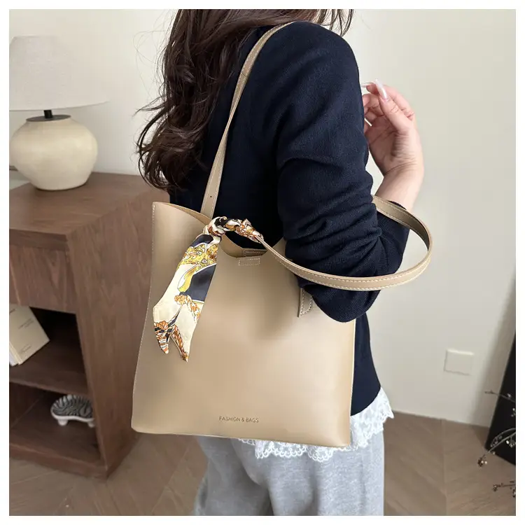 Women's Brown Leather Tote Bag with Silk Headband — feature 10