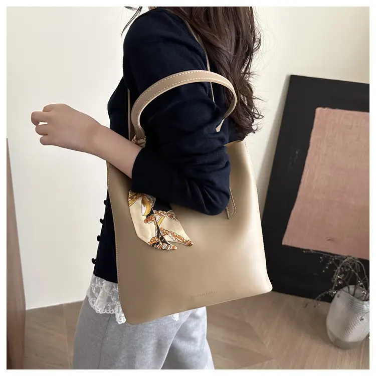 Women's Brown Leather Tote Bag with Silk Headband — feature 11