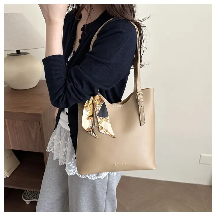 Women's Brown Leather Tote Bag with Silk Headband — feature 12