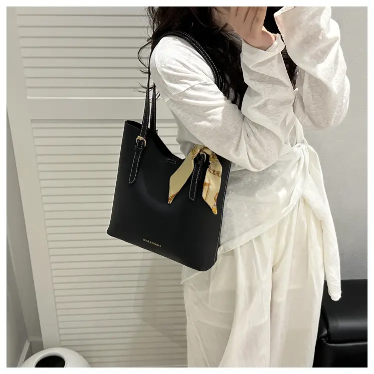 Women's Brown Leather Tote Bag with Silk Headband — feature 16