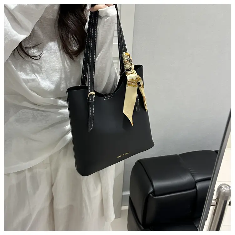 Women's Brown Leather Tote Bag with Silk Headband — feature 18