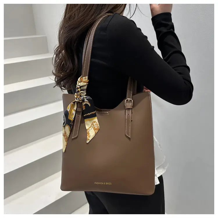 Women's Brown Leather Tote Bag with Silk Headband — feature 7
