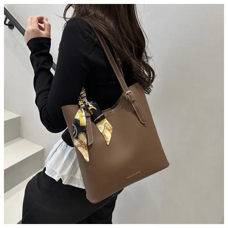 Women's Brown Leather Tote Bag with Silk Headband — feature 8