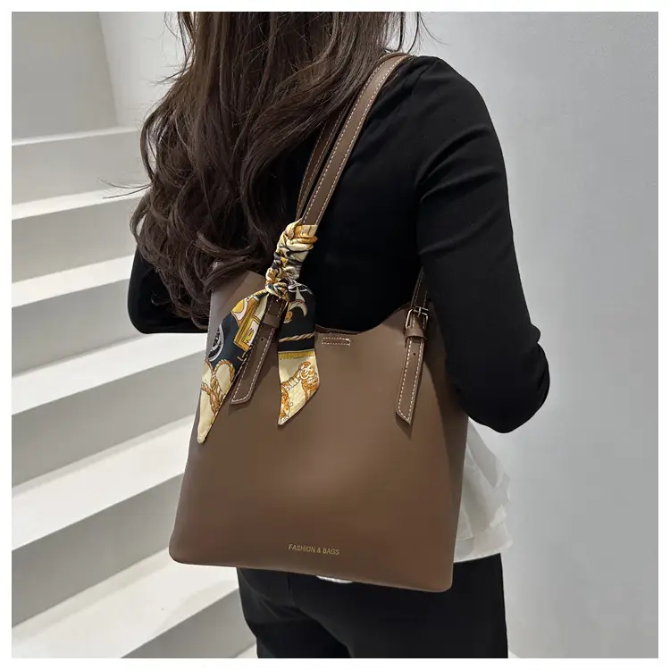 Women's Brown Leather Tote Bag with Silk Headband — feature 9