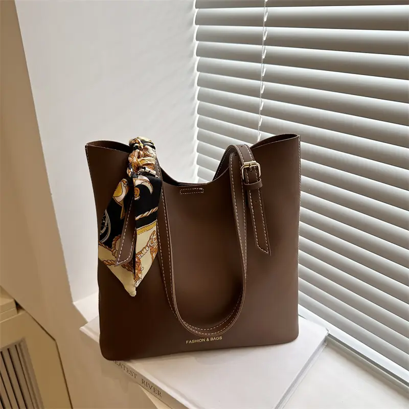 Women's Brown Leather Tote Bag with Silk Headband - Image 2