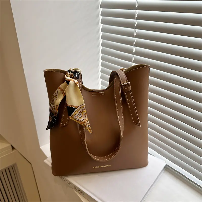 Women's Brown Leather Tote Bag with Silk Headband - Image 3